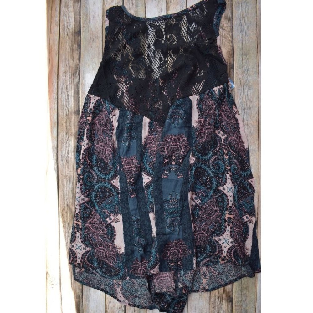 Free People Count Me In Trapeze Top Mini Dress Black Combo Festival